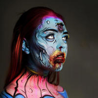 Image of woman with artistic makeup covering their face