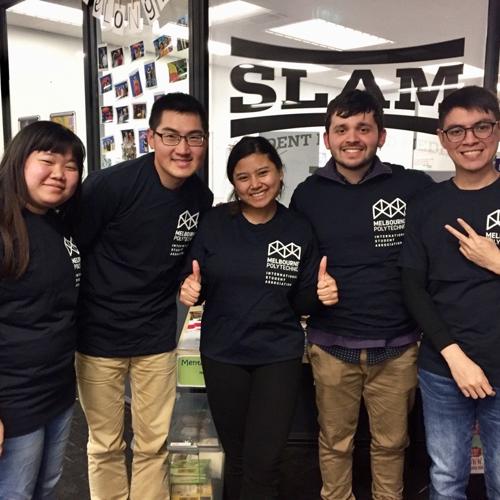 International students in Melbourne Polytechnic t-shirts standing with arms around each other's shoulders