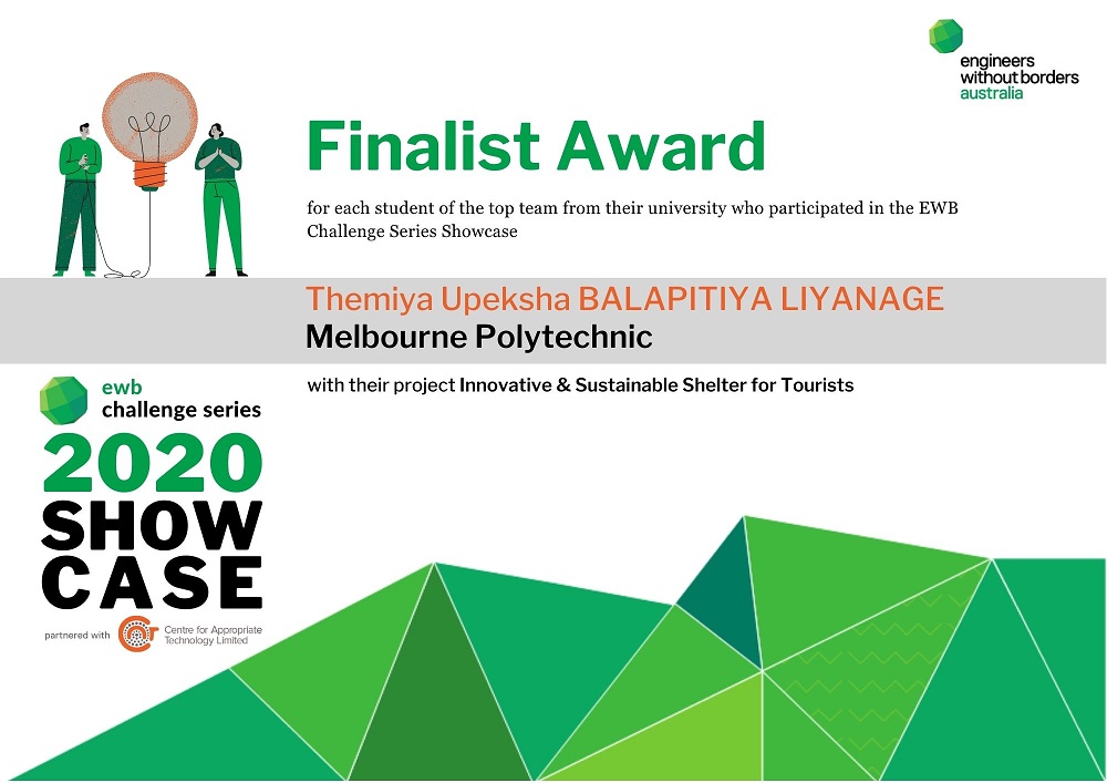 ewb finalist award Themiya for their innovative and sustainable shelter for tourists