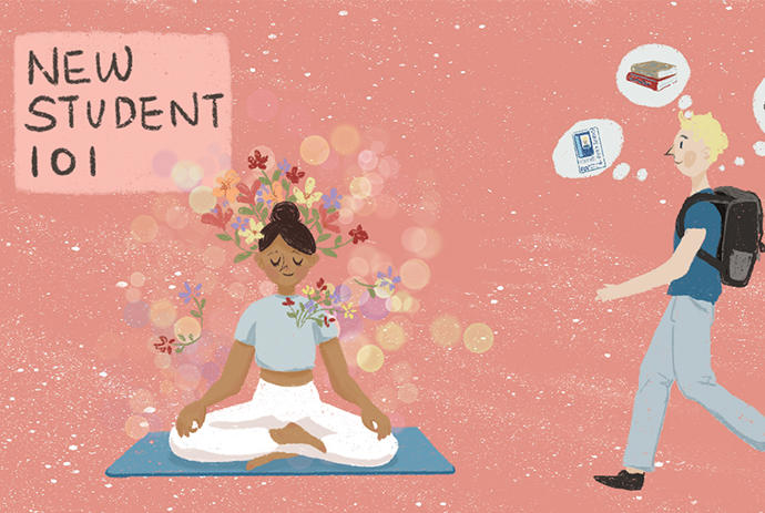 New Student 101 graphic has a red background with a blonde haired person thinking about first day of study and a brown haired person meditating