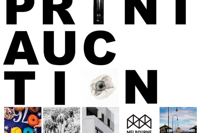 The words Print Auction, in black text on a white background with 5 small square thumbnails of photo prints