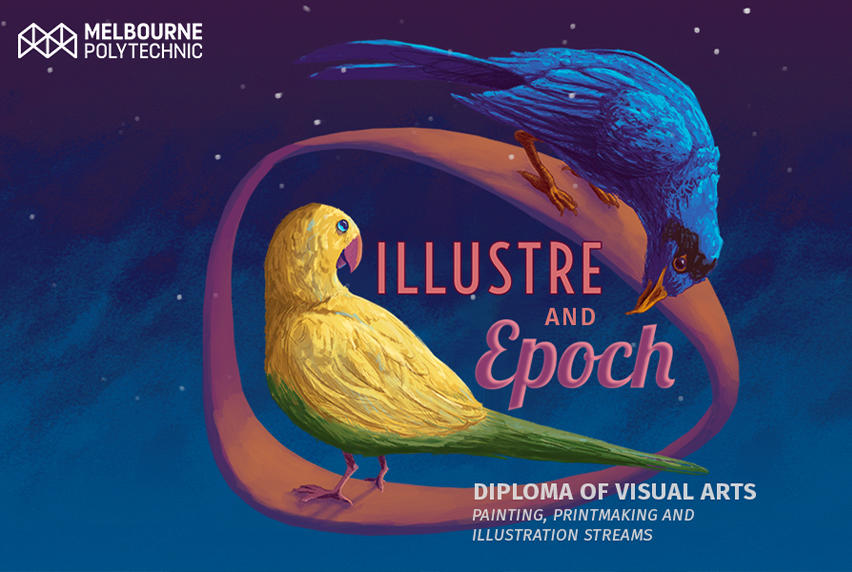 Digital painting of two birds forming a circle, one is yellow with a green tail and the other is dark blue