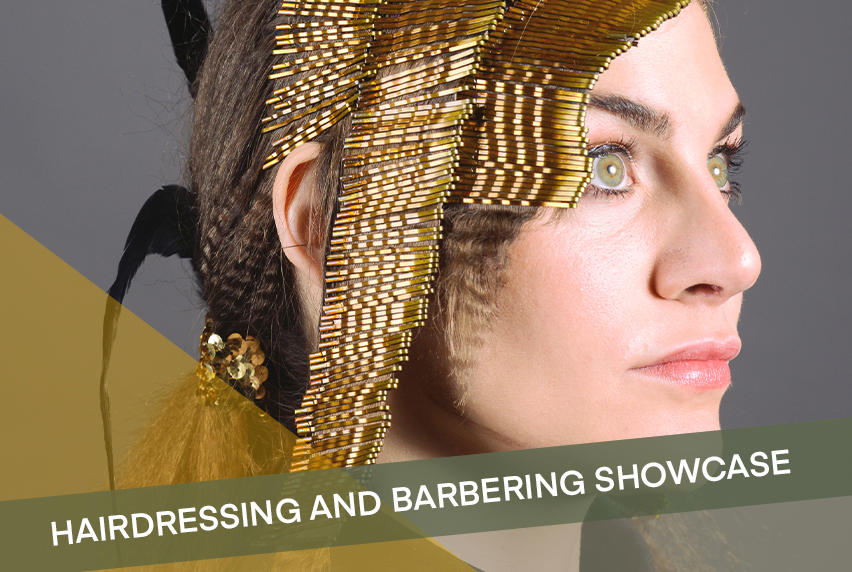 The side profile of a women with brown hair and green eyes. Her hair has been crimped and bobby pins have been used to make her side fringe look like armour.
