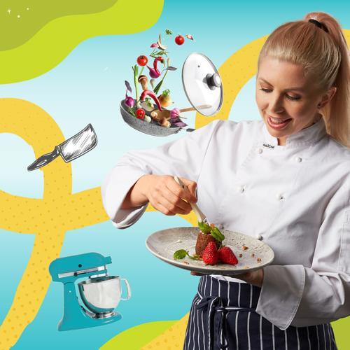 Woman in cook's uniform holding a plate of dessert and a superimposed images of vegetables flying out of a frying pan, chef's knife, and mixer.