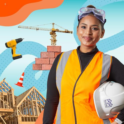 Construction student wearing PPE and smiling, and a superimposed building frame, bricks, drill, crane, and traffic cone.