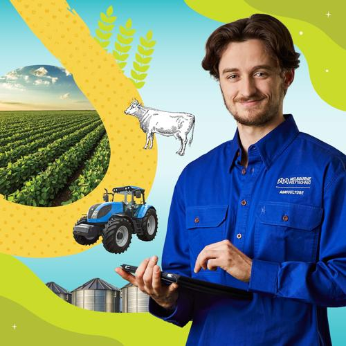 Agriculture student holding a tablet with images of a tractor, cow, silos, and crop superimposed.