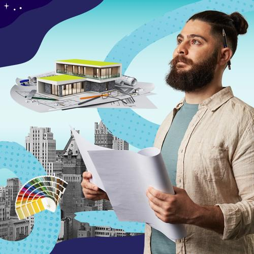 Man with man bun with a model of a building and colour chart in the background