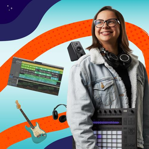Music student with headphones around neck holding an Ableton Push MIDI controller in one arm with superimposed images of guitar, monitor, headphones and digital audio workstation.