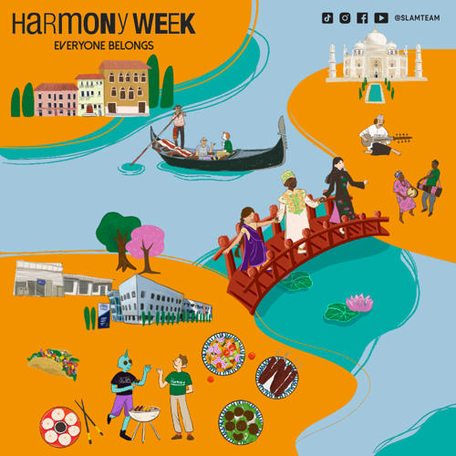 Harmony Week 2023 graphic with land connected by a Japanese inspired bridge. There are people from different cultures holding hands crossing the bridge towards two people playing African drums. 