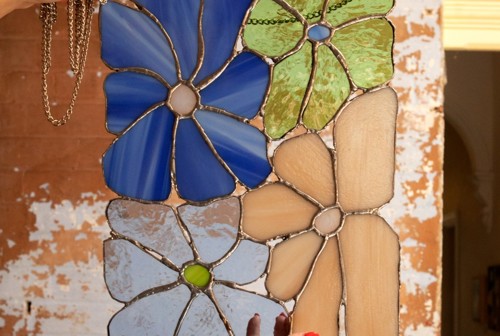 Stained glass work with flowers.